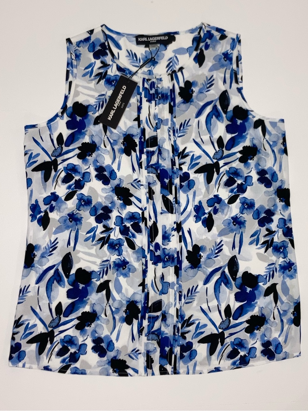 Karl Lagerfeld Paris Blue White Floral Sleeveless Ruffle Blouse Large NWT